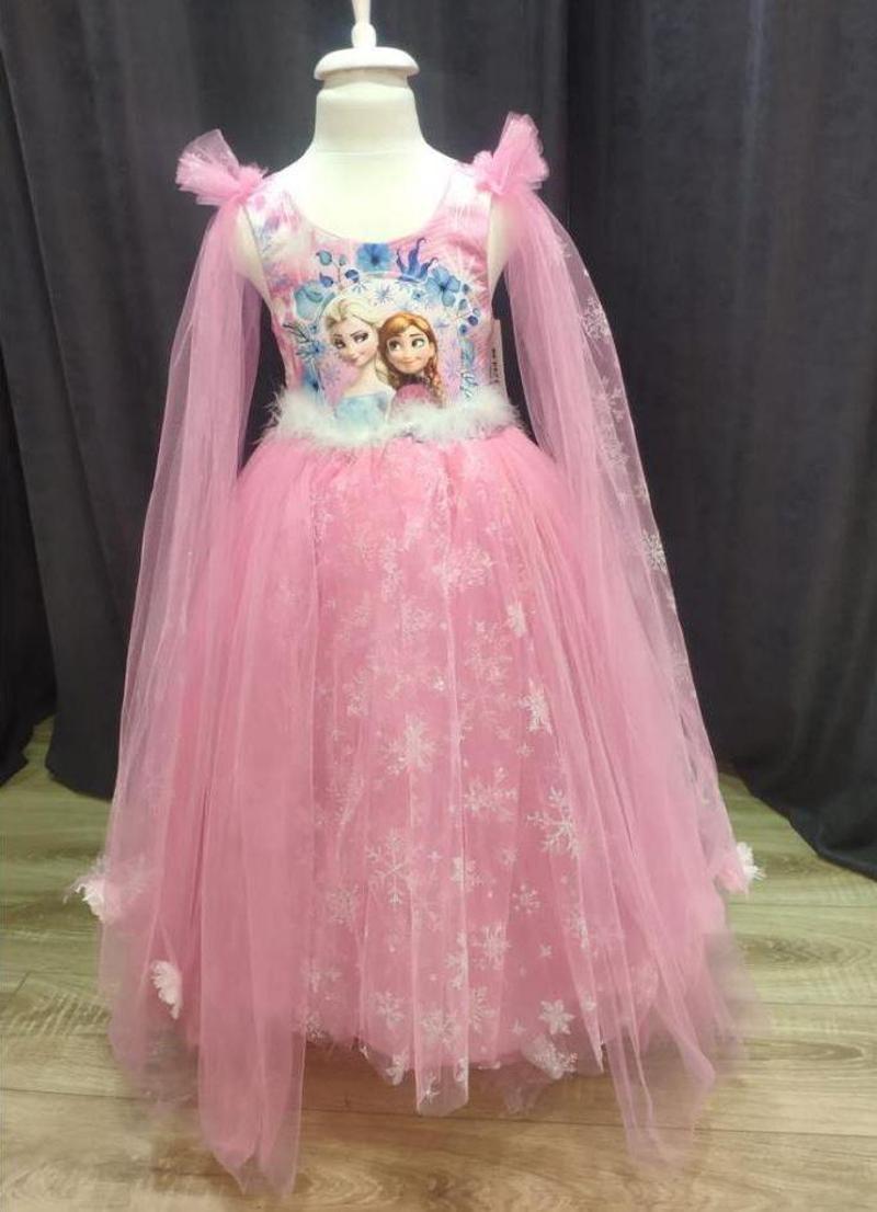 Pembe Kolu Uzun Tüllü Elsa Çocuk Abiye - Tarlatanlı Elsa Kostüm - Elsa Elbise - Frozen Kostüm