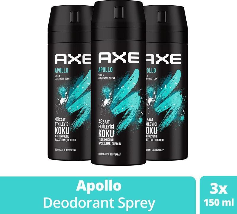 Erkek Sprey Deodorant Apollo 48 Saat Etkileyici Koku Vücut Spreyi 150 ml X3 Adet