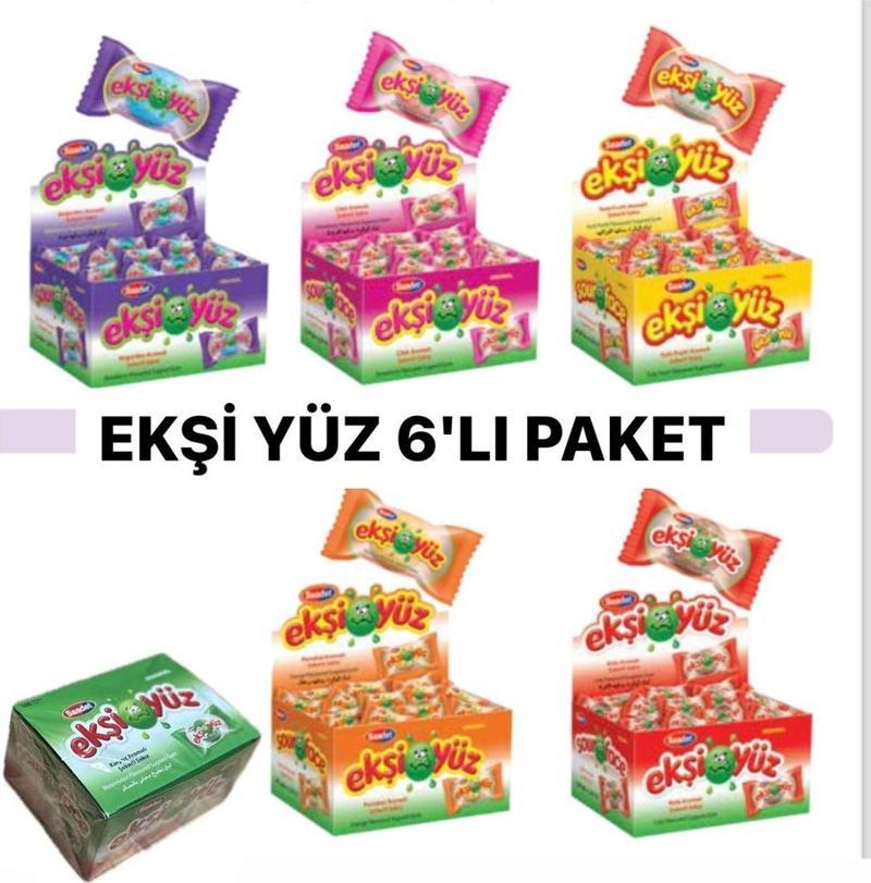 EKŞİ YÜZ 100 ADET X 6 Paket (Tutti fruitsi,Boğürtlen,Çilek,Kola,Portakal,Karpuz)