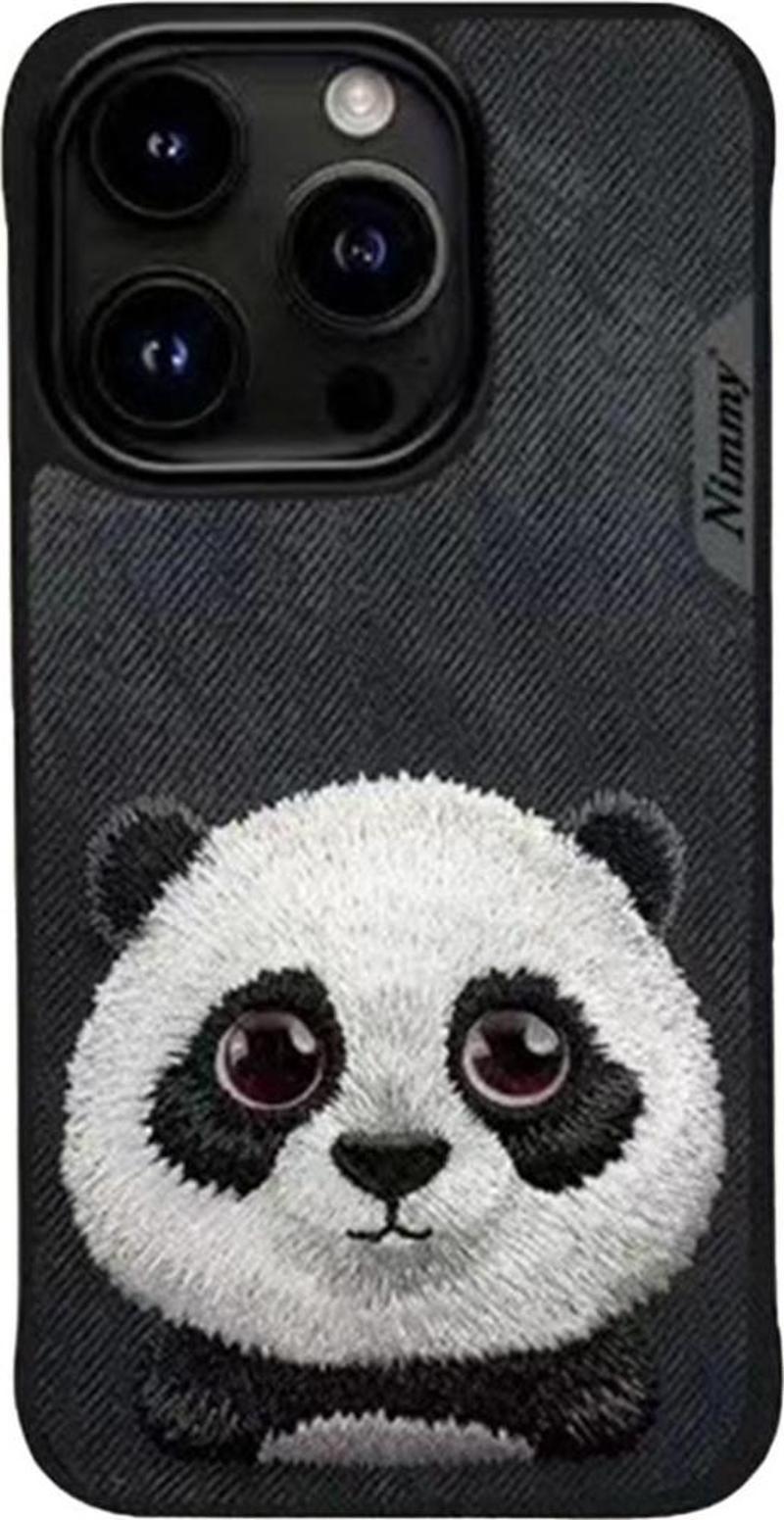 iPhone 15 Pro Max Panda Serisi Nakış işlemeli Detaylı 3D Kılıf Siyah