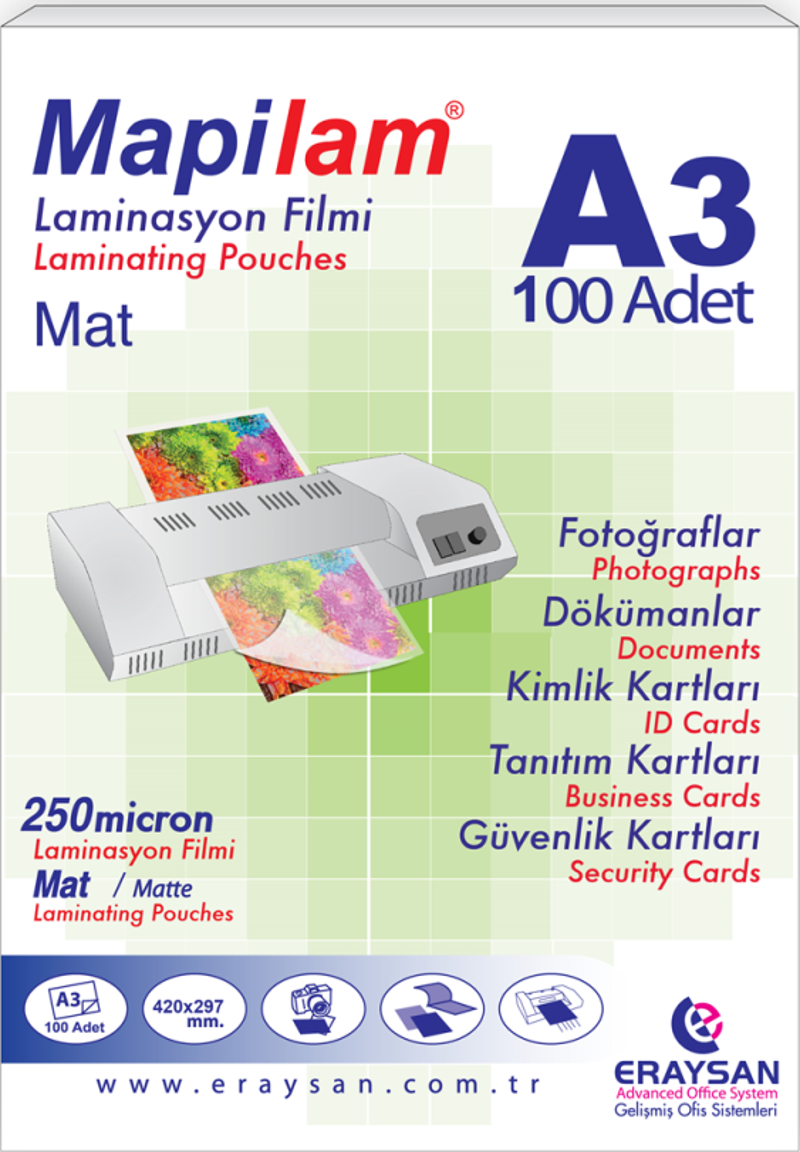 250 MİCRON MAT LAMİNASYON FİLMİ (A3) 100 LÜ