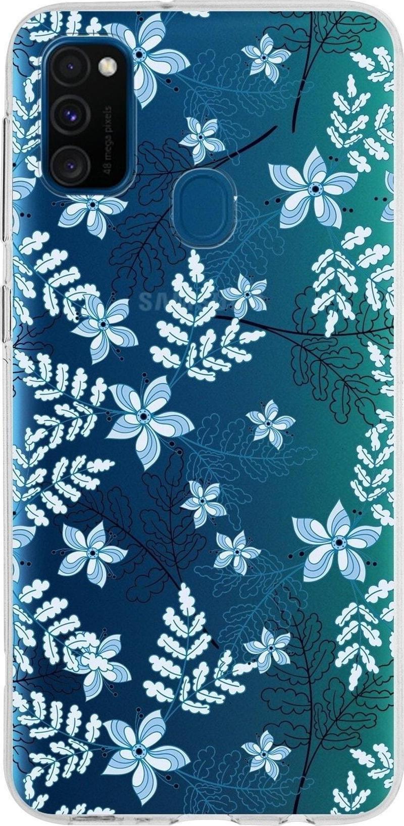 Samsung Galaxy M30S Kapak Floral Mavi Tasarımlı Şeffaf Silikon Kılıf