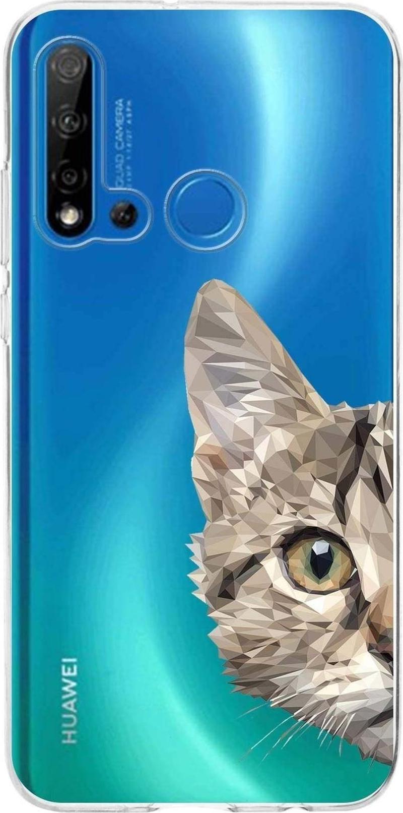 Huawei P20 Lite 2019 Uyumlu Kapak Catface Tasarımlı Şeffaf Silikon Kılıf