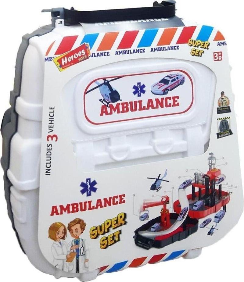 Toys Çantalı Ambulans Seti Arabalı ERN-2016 Beyaz,Sırt Çantalı Taşınabilir Oyuncak Ambulans Garaj Seti