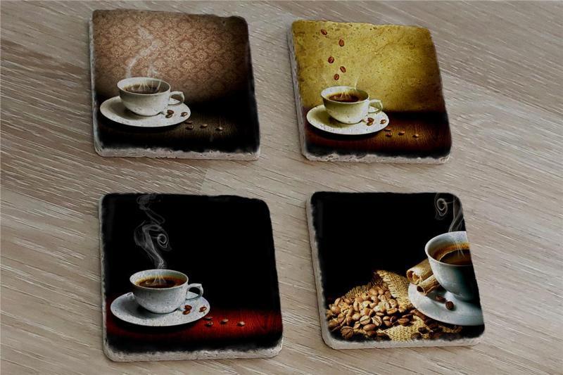 Bardakta Sıcak Kahveler Doğal Taş Bardak Altlığı 4'lü set - Natural Stone Coasters