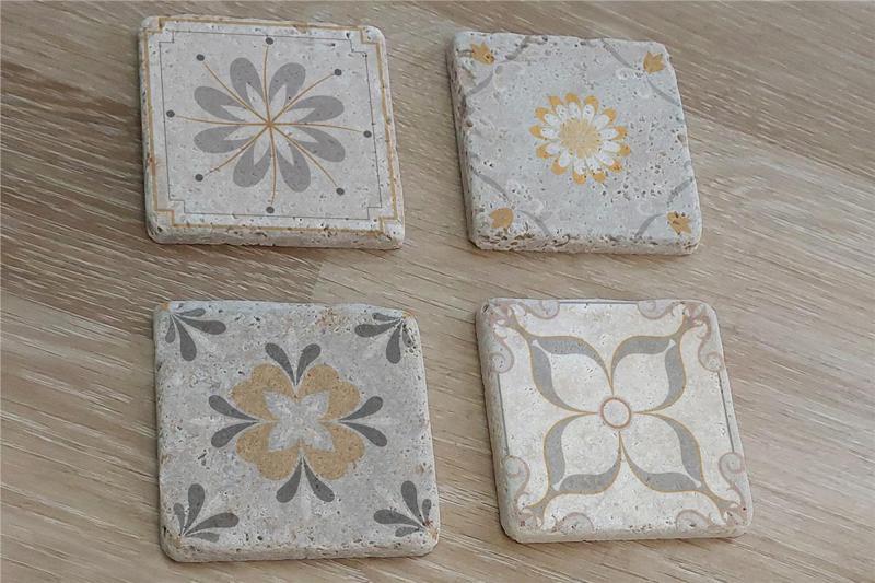 Çiçekli Desenler Doğal Taş Bardak Altlığı 4'lü set - Natural Stone Coasters