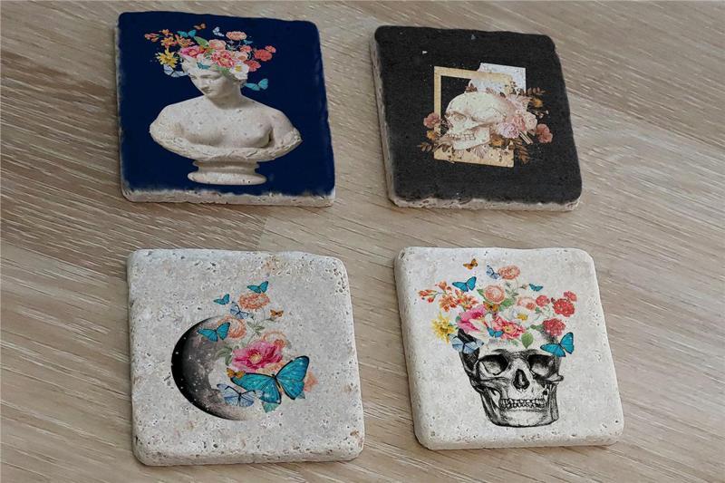 Çiçekli Heykel Kuru Kafa ve Dünya Doğal Taş Bardak Altlığı 4'lü set - Natural Stone Coasters