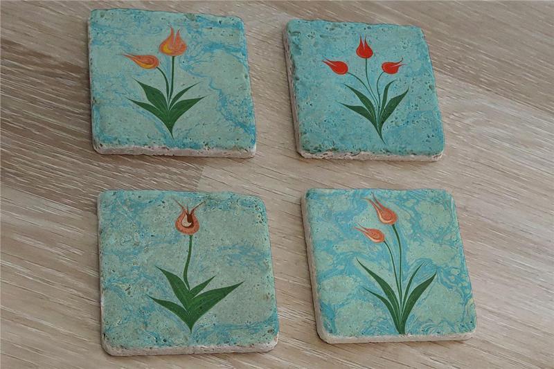 Ebru Laleler Doğal Taş Bardak Altlığı 4'lü set - Natural Stone Coasters