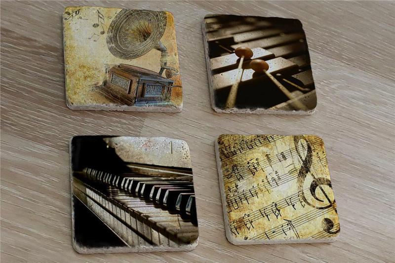 Gramofon Piano Ksilofon ve Notalar Doğal Taş Bardak Altlığı 4'lü set - Natural Stone Coasters