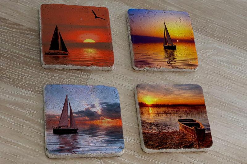 Gün Batımında Yelkenliler Doğal Taş Bardak Altlığı 4'lü set - Natural Stone Coasters