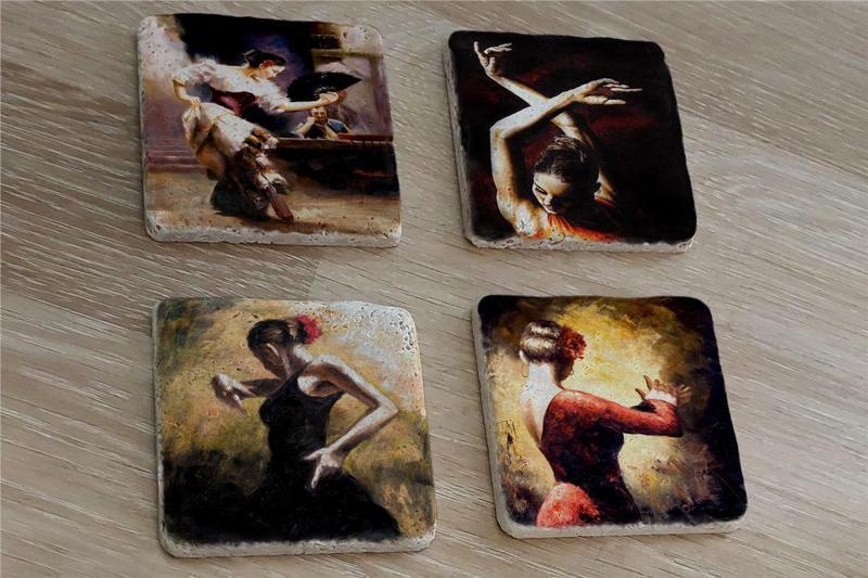 İspanyol Dansçı Kadınlar Doğal Taş Bardak Altlığı 4'lü set - Natural Stone Coasters