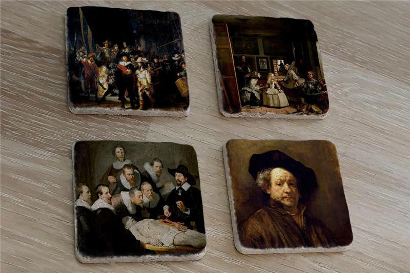 Rembrandt Otoportre ve Eserleri Doğal Taş Bardak Altlığı 4'lü set - Natural Stone Coasters