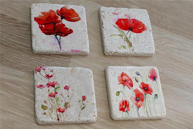 Kırmızı Şakayıklar Doğal Taş Bardak Altlığı 4'lü set - Natural Stone Coasters