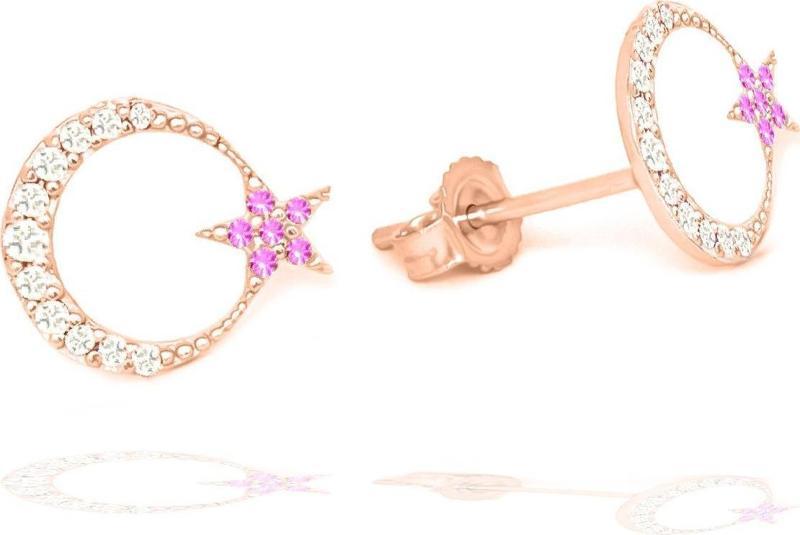 925 Ayar Gümüş Ay Yıldız Pembe Zirkon Taşlı Rose Gold Kadın Küpe