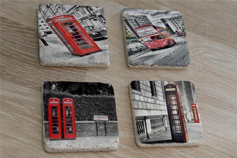 Londra Kırmızı Telefon Kulübeleri ve Otobüs Doğal Taş Bardak Altlığı 4'lü set - Natural Stone Coasters