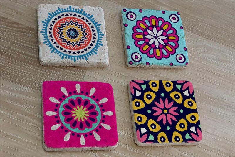 Mandala Desenleri Doğal Taş Bardak Altlığı 4'lü set - Natural Stone Coasters