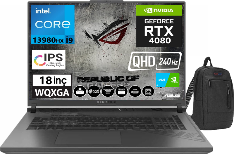 Rog Strıx G18 İ9-13980HX 64gb DDR5 512gb SSD 12GB RTX4080 175W 18" 240Hz QHD WQXGA WIN11Home N602316+Zettaçanta