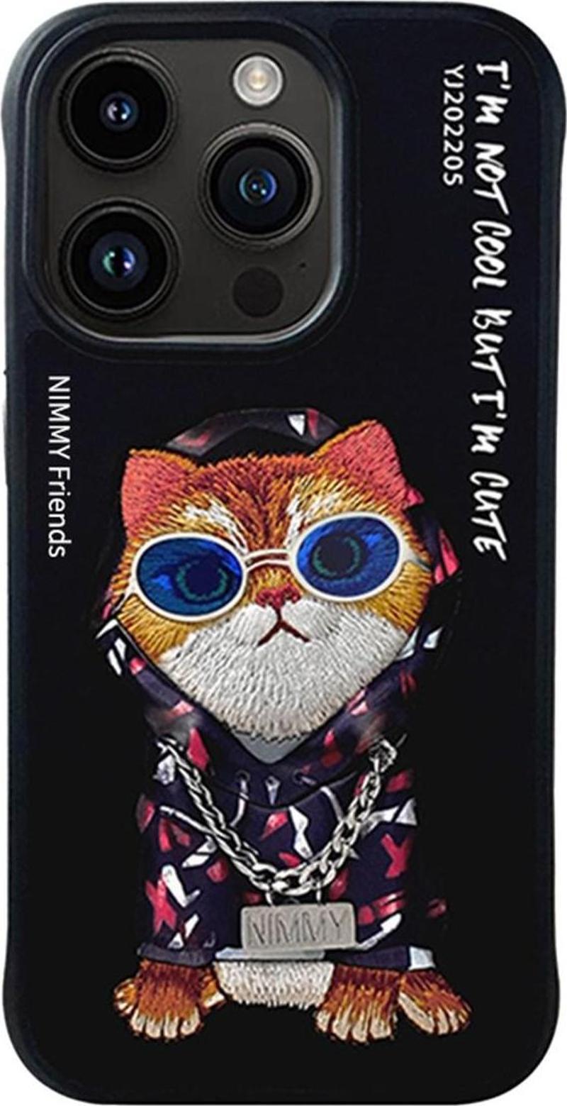iPhone 14 Pro Max Hiphop Serisi Turuncu Kedi Nakış İşlemeli Zincir Detaylı Kılıf Siyah