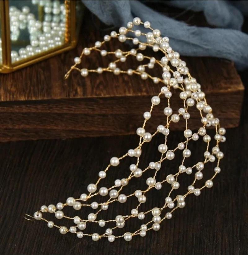 Kristal Beyaz Taşlı Incili Gelin Tacı Saç Aksesuarı, Nikah,düğün,kına,nişan Tacı Saç Aksesuarı 35cm