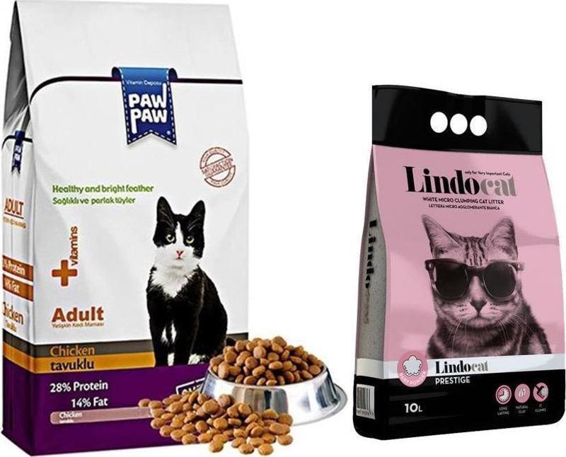 Tavuk Etli Yetişkin Kedi Maması 15 Kg + 2 Adet Lindocat Bebek Pudralı Ince Taneli Topaklaşan Kedi Kumu 10 Lt