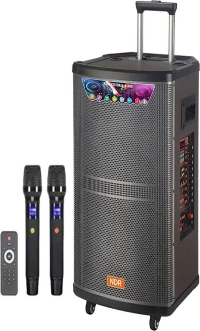 Ndr-515 15" 100 Watt Taşınabilir Karaoke Ses Sistemi Bluetooth Hoparlör + Kumanda + Çift Mikrofon