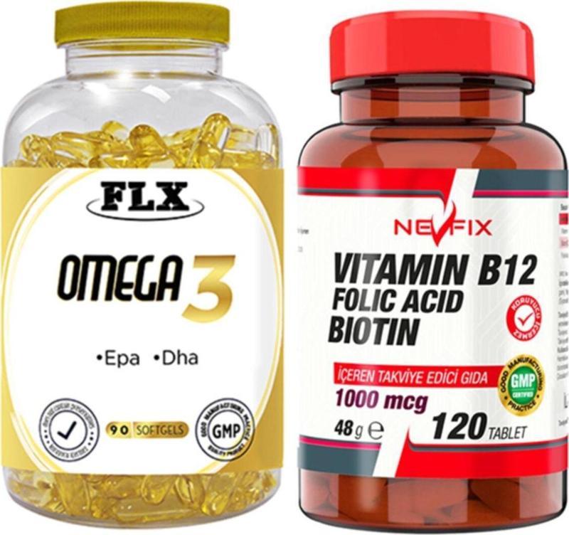 Omega 3 Balık Yağı 90 Softgel Ve Nevfix Vitamin B12 1000 Mcg 120 Tablet