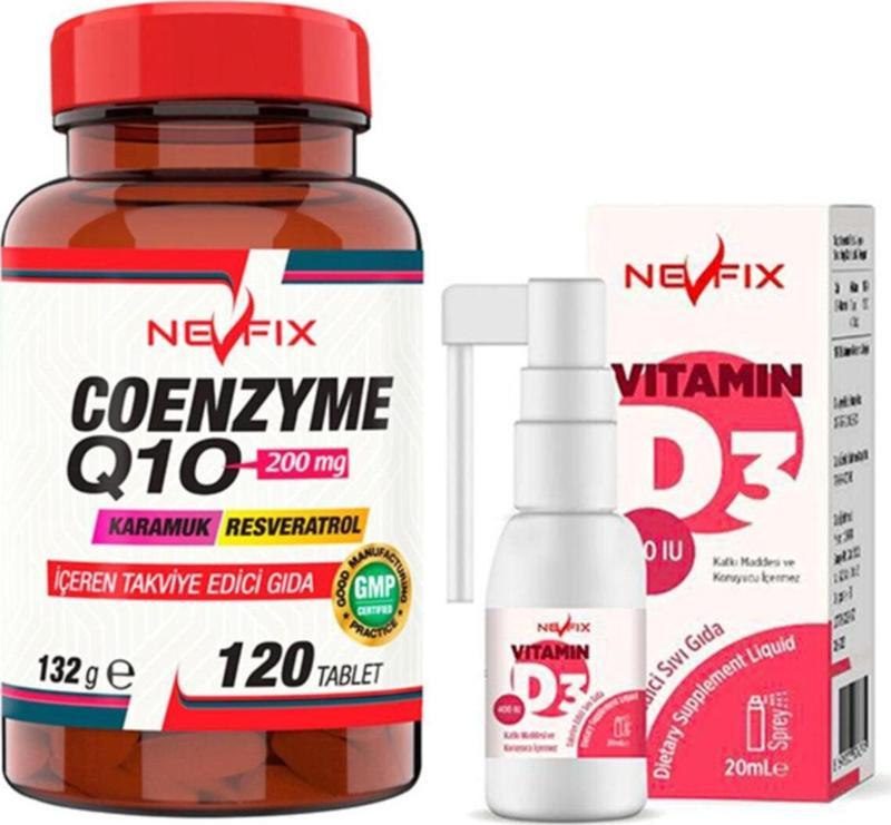 Coenzyme Q10 200 Mg Koenzim Q10 Karamuk 120 Tablet & Vitamin D3 Sıvı 20 Ml