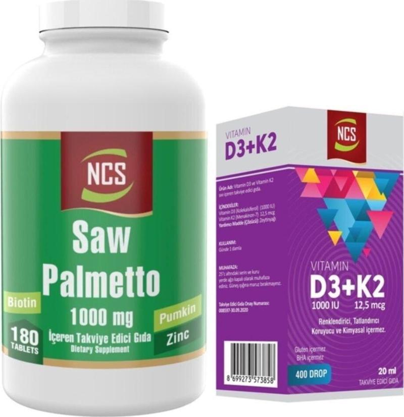 Saw Palmetto 1000 Mg 180 Tablet+Vitamin D3 K2 20 Ml