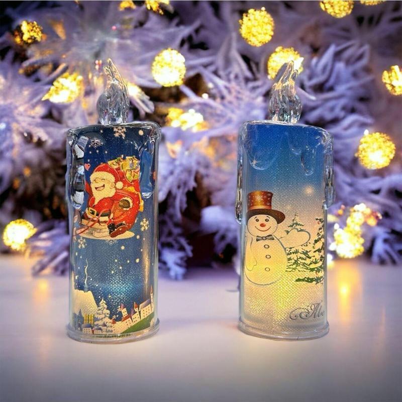 2Adet Led Işıklı Yılbaşı Mumları Noel Baba Mum Kardan Adam Mum Gün Işığı Led Işıklı Mum Noel Mumları