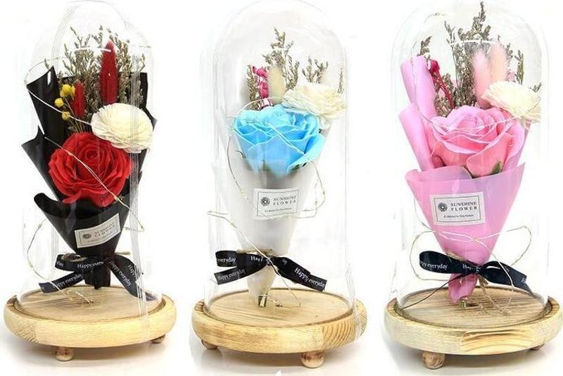 Fanus Gül 28/14cm Cam Fanus Led Işıklı Hediyelik