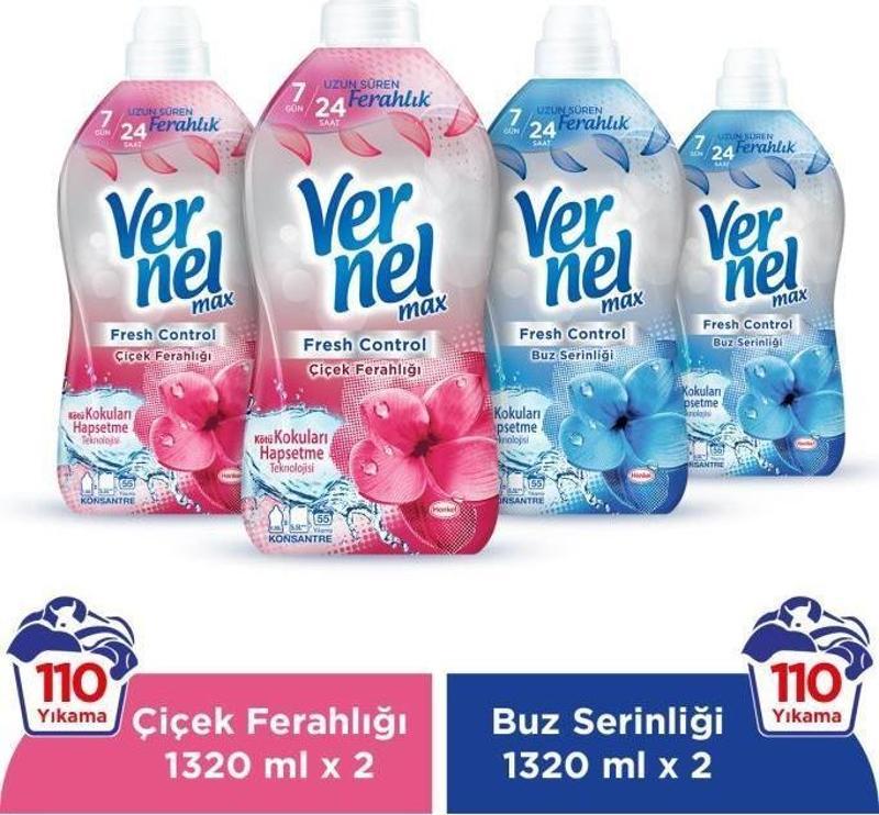 Max Konsantre Çamaşır Yumuşatıcısı 4 x 1320ml (220 Yıkama) 2 Çiçek Ferahlığı + 2 Buz Serinliği