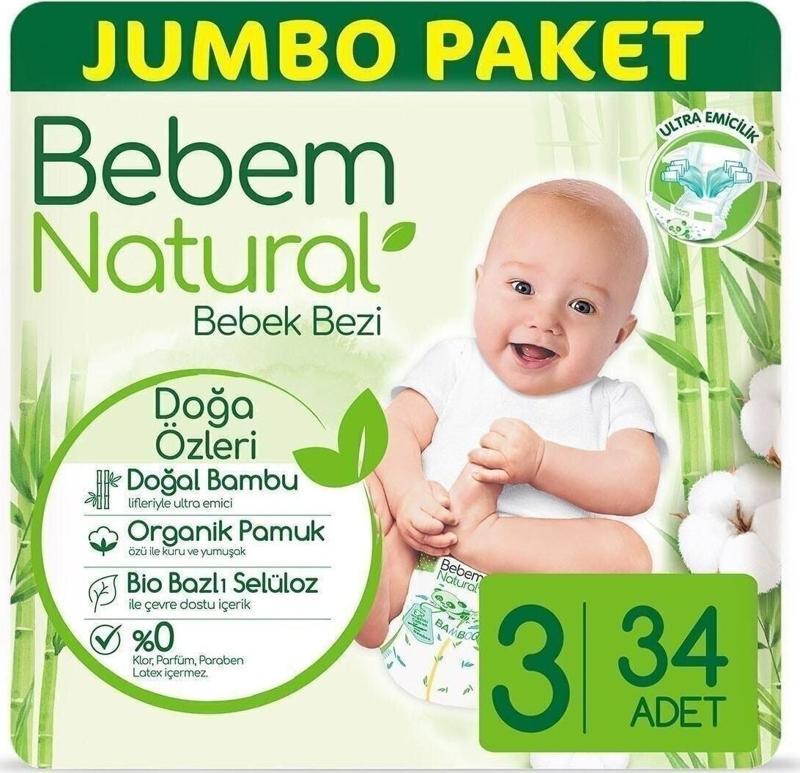 Bebem Bebek Bezi Natural Jumbo Pk Beden:3 4-9Kg Midi 34 Adet