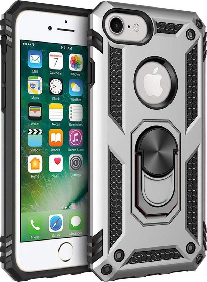 Apple iPhone 6 Kılıf Military Ring Holder Gümüş