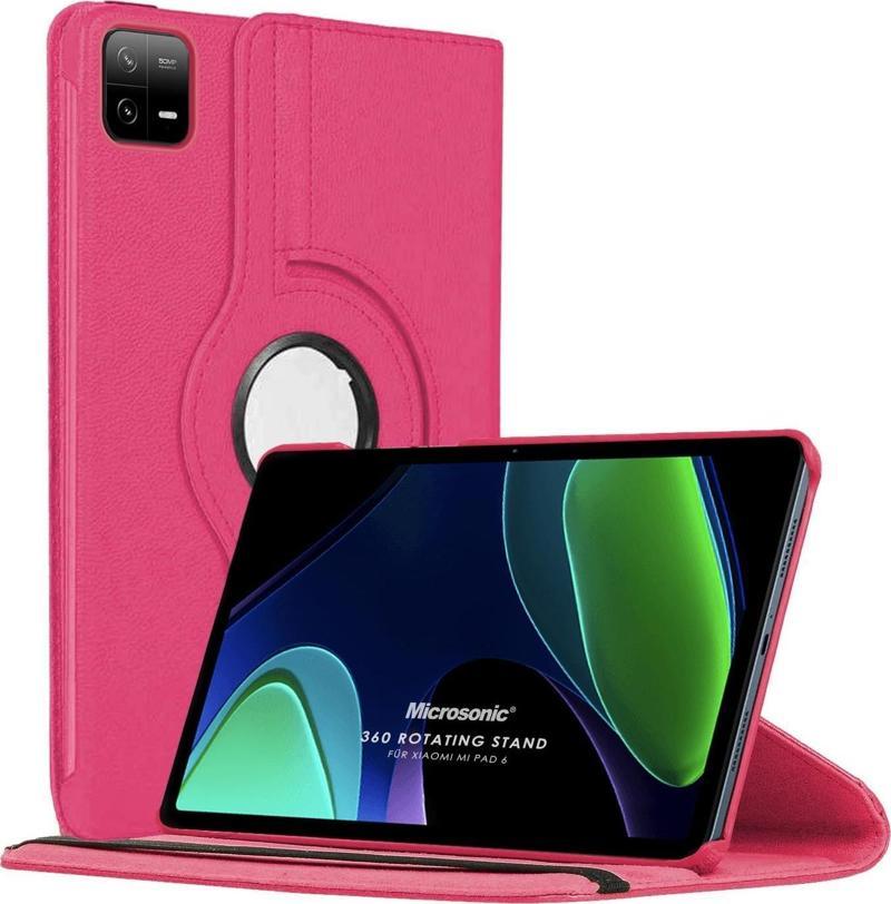 Xiaomi Pad 6 Kılıf 360 Rotating Stand Deri Pembe