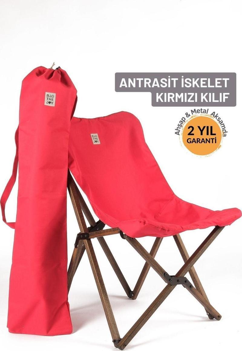 Ahşap Katlanır Kamp & Bahçe Sandalyesi – Antrasit Iskelet - Kırmızı Kılıf