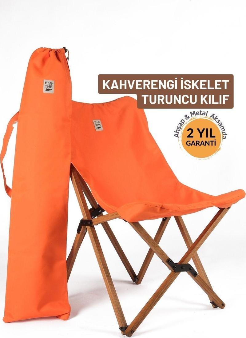 Ahşap Katlanır Kamp & Bahçe Sandalyesi – Kahverengi Iskelet - Turuncu Kılıf