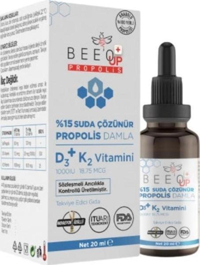 %15 Suda Çözülür Propolis Damla D3+K2 Vitamini İçeren Takviye Edici Gıda 20ml