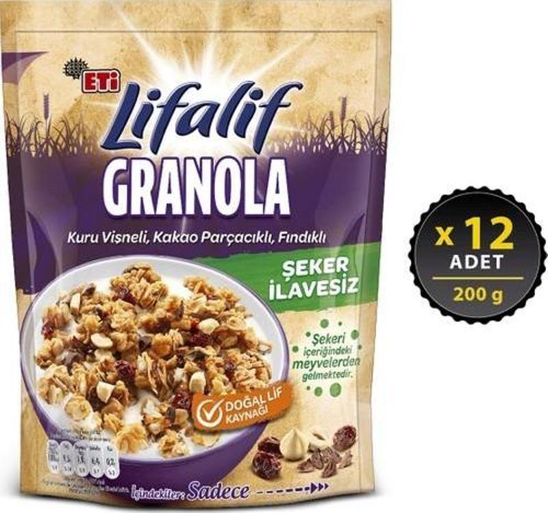 Lifalif Granola Kuru Vişneli, Kakao Parçacıklı, Fındıklı 200 gr x 12 Adet