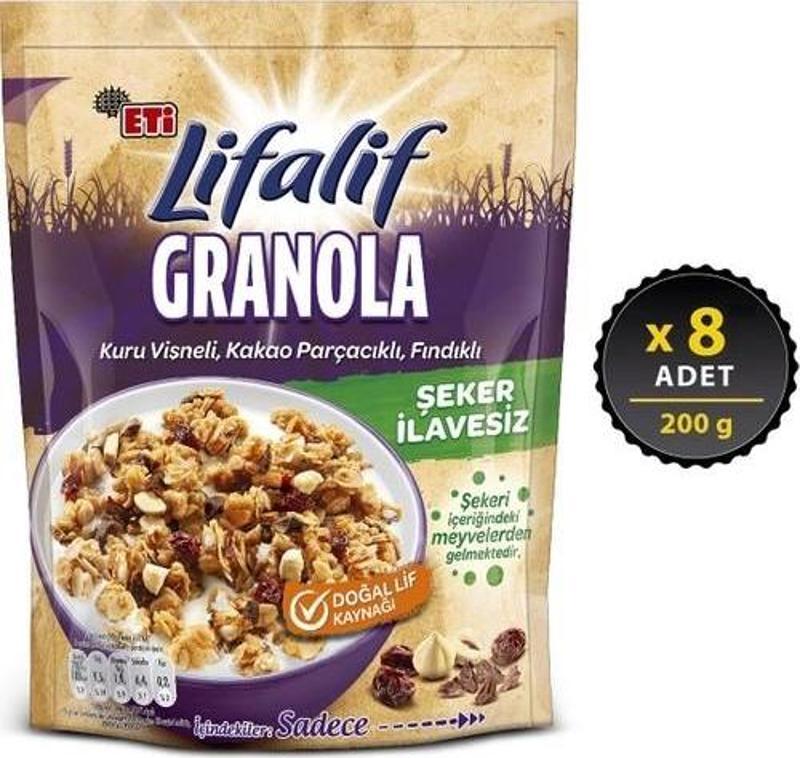 Lifalif Granola Kuru Vişneli, Kakao Parçacıklı, Fındıklı 200 gr x 8 Adet