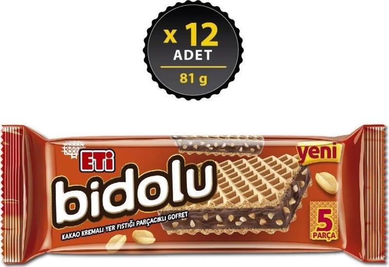 Bidolu Kakao Kremalı Yer Fıstığı Parçacıklı Gofret 81 gr x 12 Adet