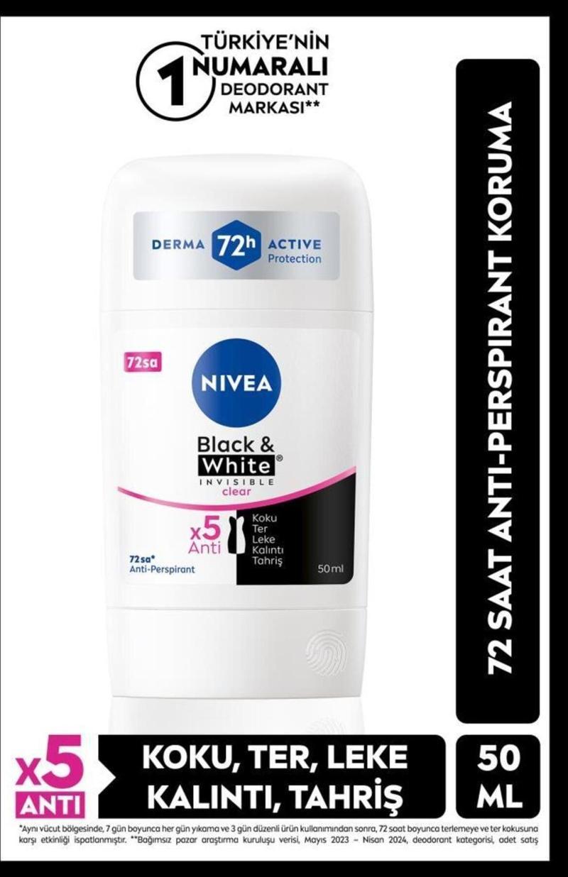 Kadın Stick Deodorant Black&white Invisible Clear 50ml, 72 Saat Anti-perspirant Ter Koruması