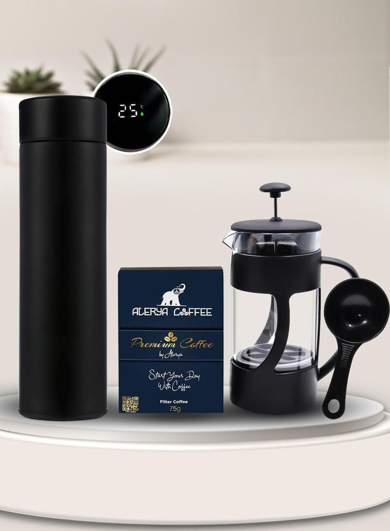 500 Ml Siyah Dereceli Termos & Alerya Premium Filtre Kahve & Siyah French Press Hediye Seti