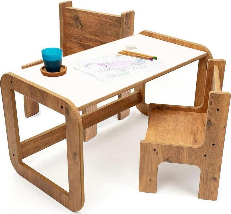 Beyaz Ahşap Sandalyeli Montessori Çocuk Ders Çalışma Masası + 2 Sandalye - Çocuk Aktivite Masası