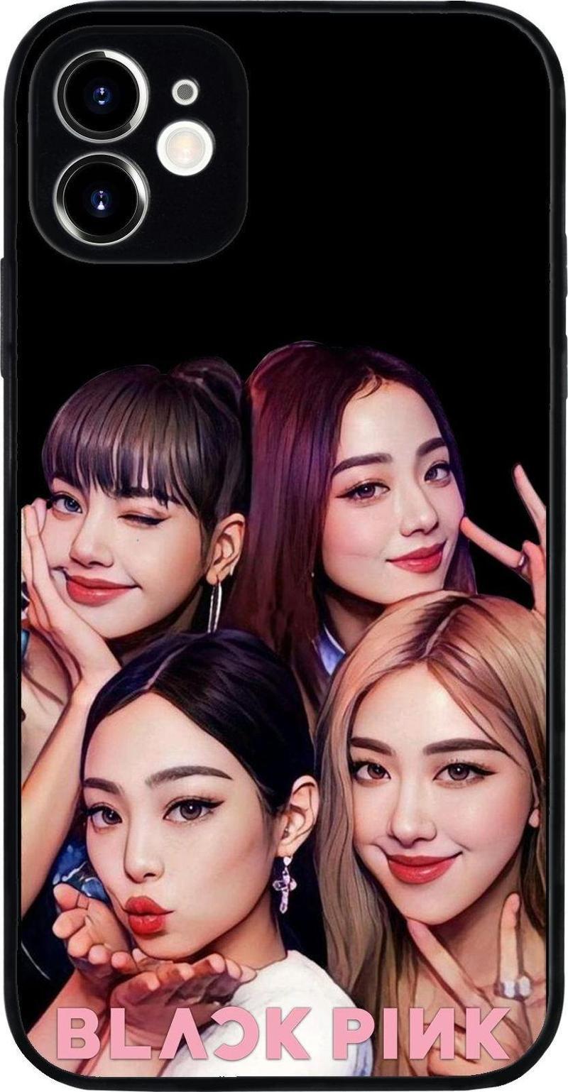 Apple iPhone 11 ile Uyumlu Silikon Arkası Cam Kapak BlackPink Tasarımlı Cam Kılıf