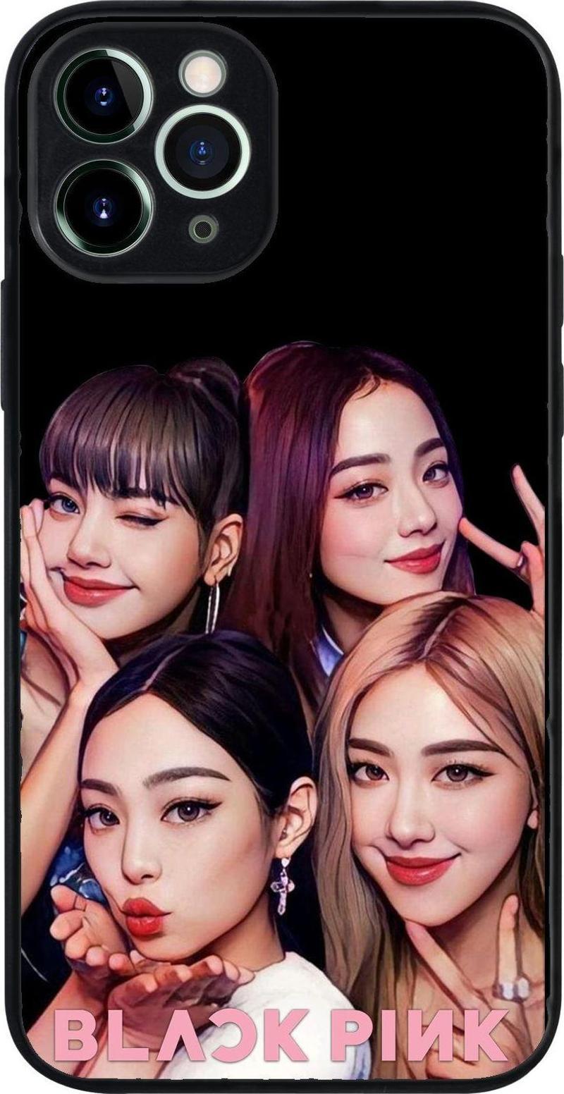 Apple iPhone 11 Pro Max ile Uyumlu Silikon Arkası Cam Kapak BlackPink Tasarımlı Cam Kılıf