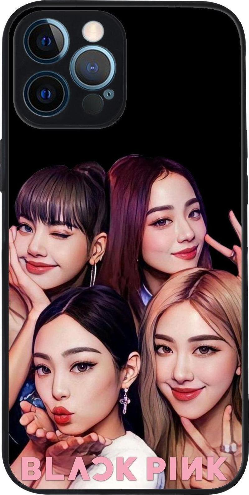 Apple iPhone 12 Pro ile Uyumlu Silikon Arkası Cam Kapak BlackPink Tasarımlı Cam Kılıf