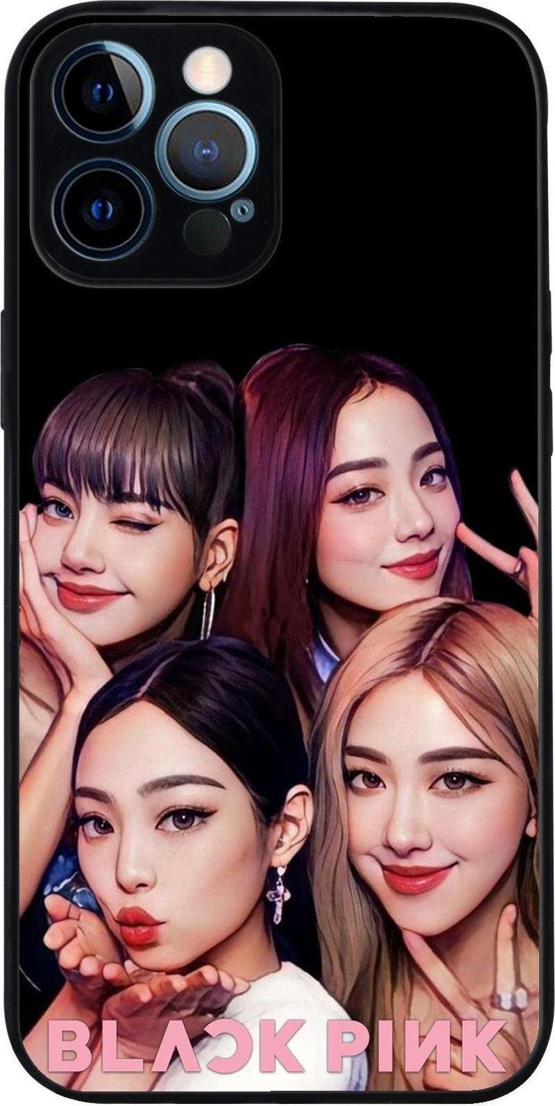 Apple iPhone 12 Pro Max ile Uyumlu Silikon Arkası Cam Kapak BlackPink Tasarımlı Cam Kılıf