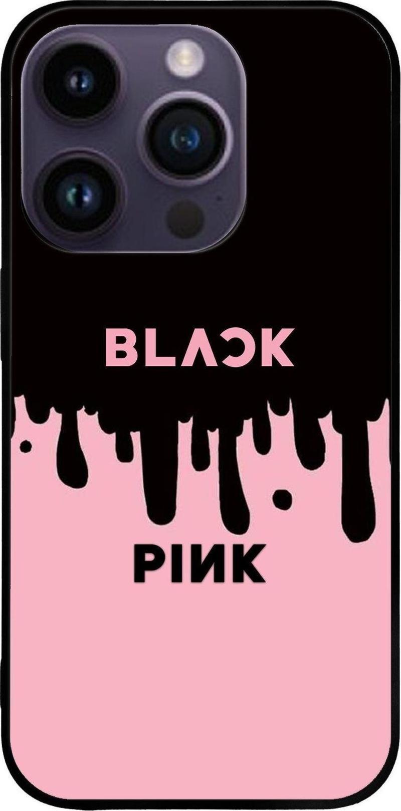 Apple iPhone 14 Pro ile Uyumlu Silikon Arkası Cam Kapak BlackPink Tasarımlı Cam Kılıf