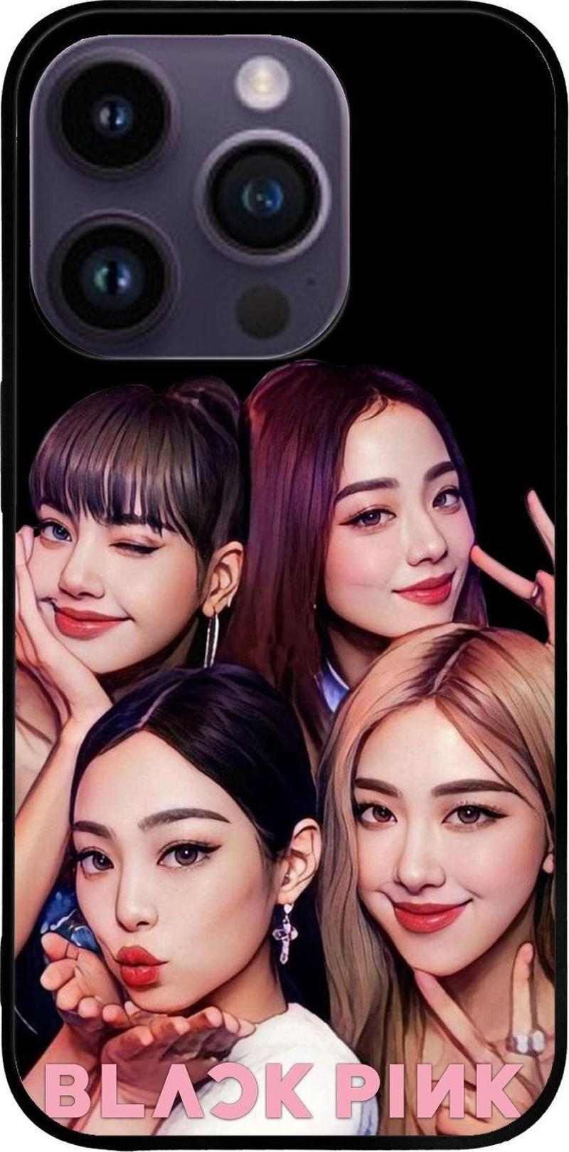 Apple iPhone 14 Pro ile Uyumlu Silikon Arkası Cam Kapak BlackPink Tasarımlı Cam Kılıf