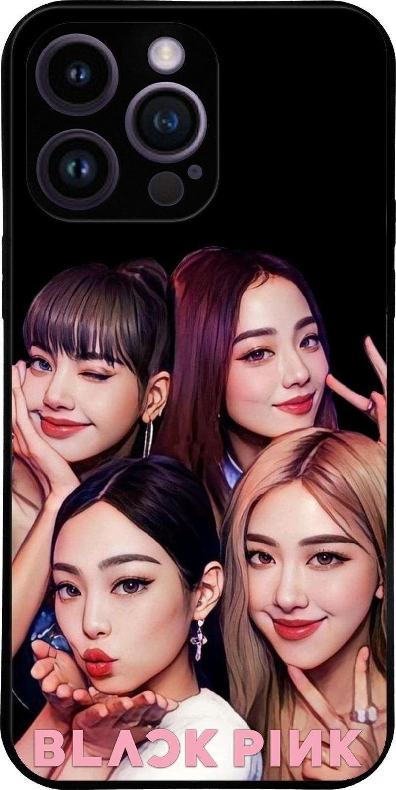 Apple iPhone 14 Pro Max ile Uyumlu Silikon Arkası Cam Kapak BlackPink Tasarımlı Cam Kılıf